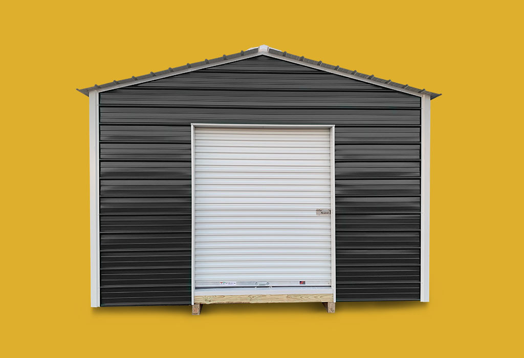 Black a frame style building with white trim against yellow background