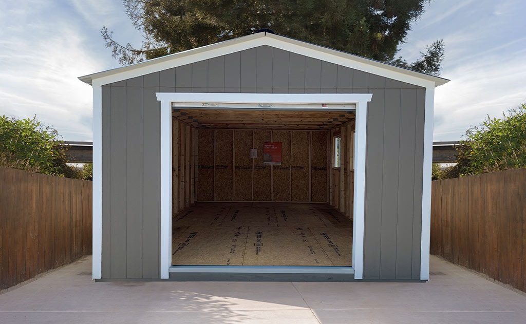 Gray a-frame style garage with white trim