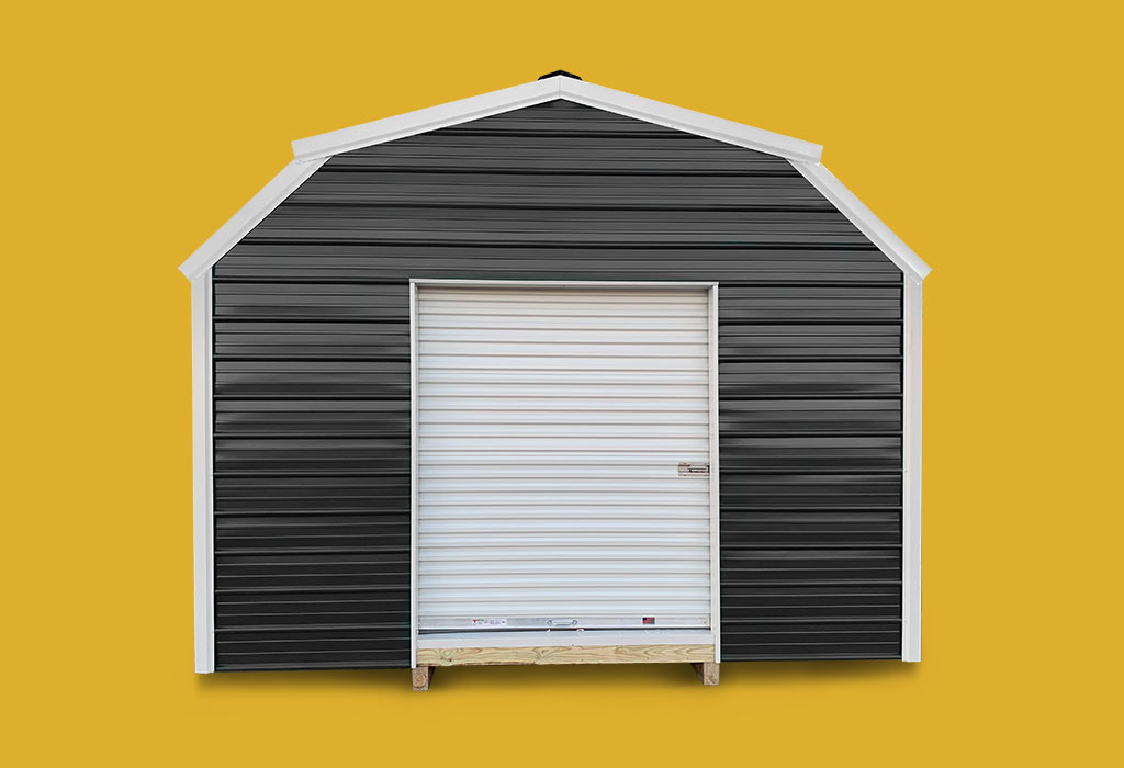 Black metal barn style with white trim against a yellow background