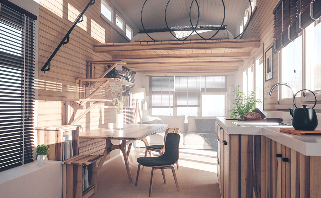 Interior of tiny home and office space