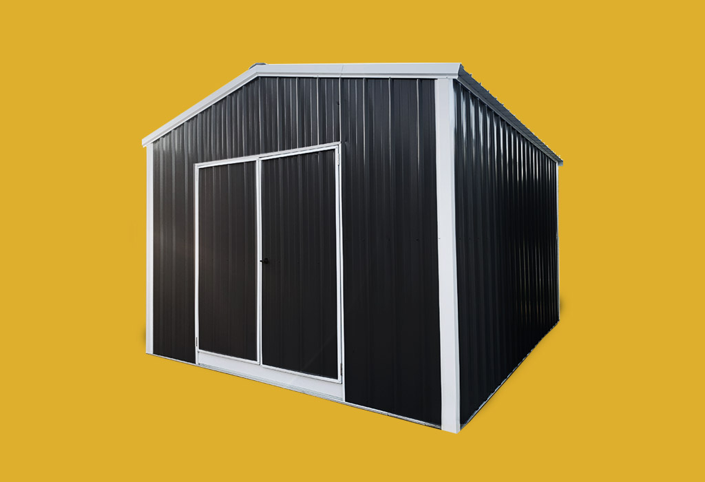 Black metal vertical A frame style portable building with white trim