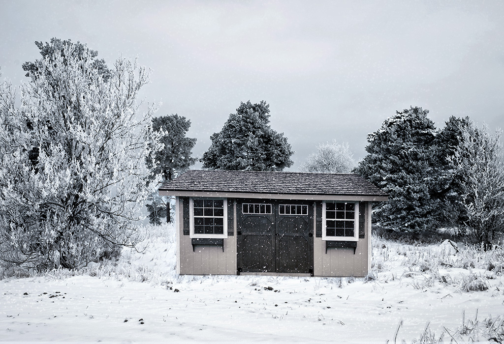 Gray garden shed with black and white trim agains snowy background