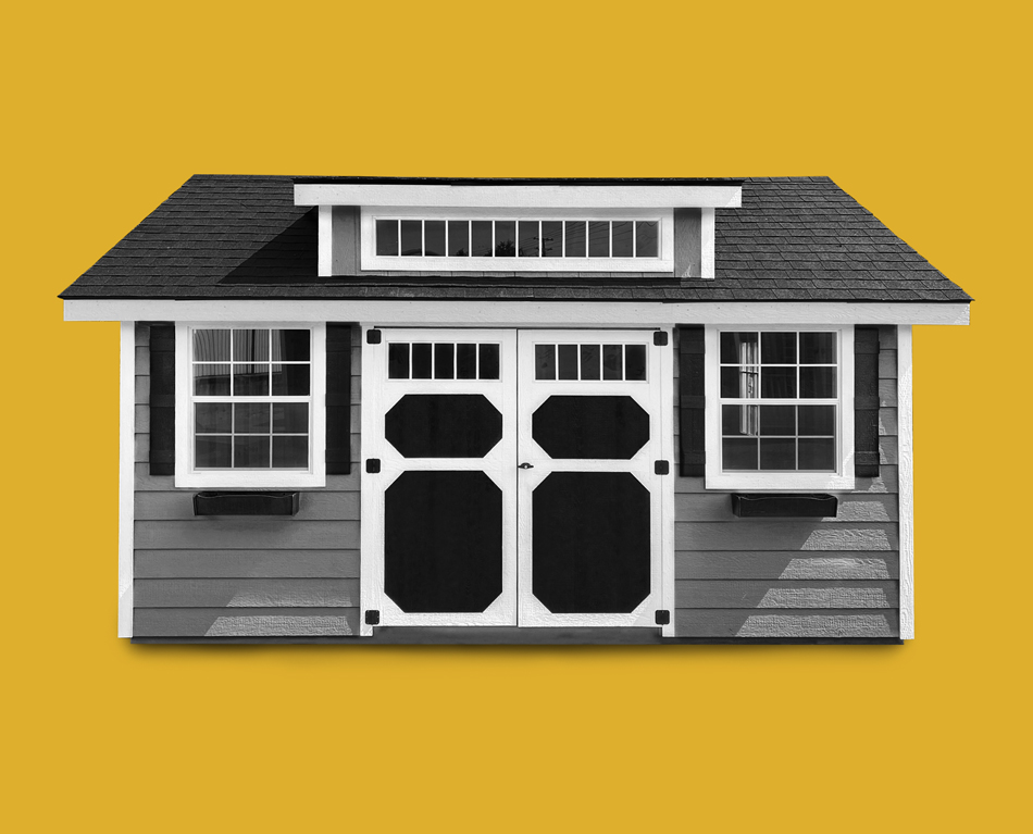 Black garden shed with yellow background