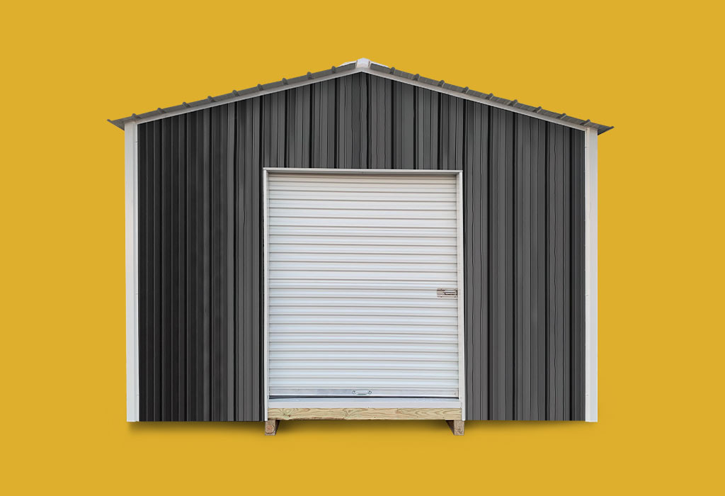 Black metal vertical metal A frame style portable building with white trim