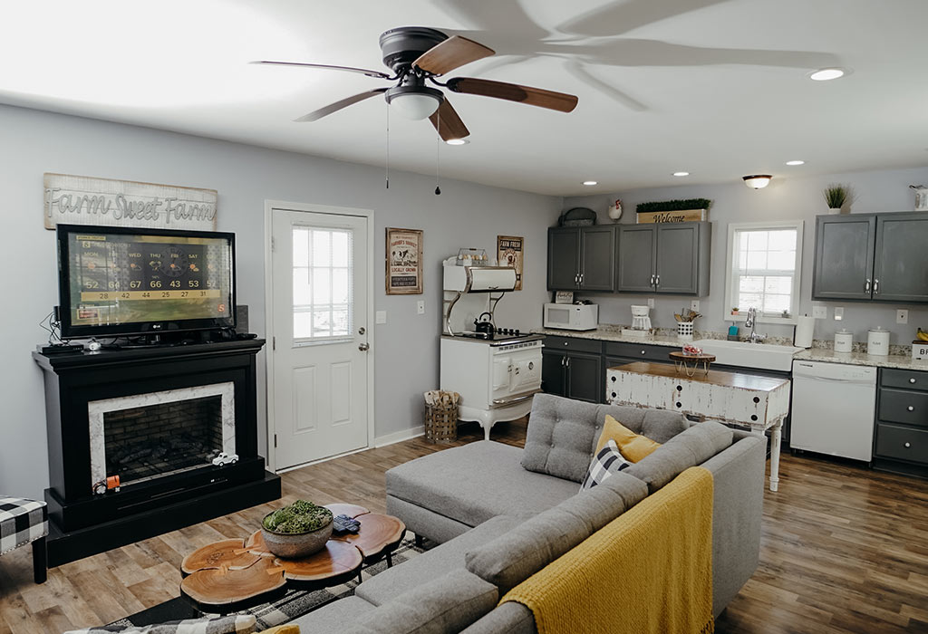 Farmhouse Living Room and Kitchen Interior of Tiny Home Model For Sale near Nashville, Tennessee - Blacks Buildings